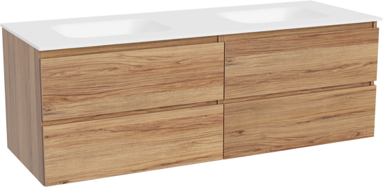 Balmani Lucida meuble salle de bains suspendu 150 x 55 cm teck avec Tablo Arcato double vasque en solid surface blanc mat