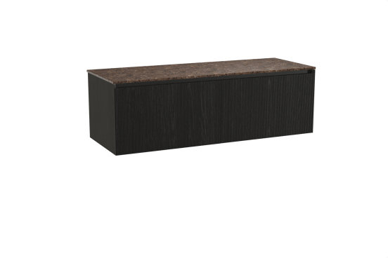 Balmani Fila zwevend badkamermeubel 150 x 55 cm zwarte eik met Stretto enkel of dubbel tablet in marmer dark emperador, Verticale symmetrische rechte ribbel