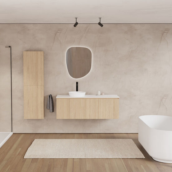 Balmani Fila meuble salle de bains suspendu 135 x 55 cm chêne naturel avec Stretto tablette simple ou double en solid surface blanc mat, Nervure droite symétrique verticale