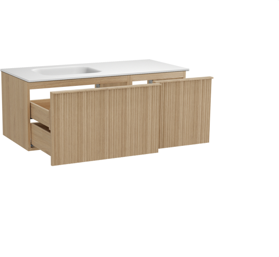 Balmani Forma hängendes Möbelstück Set: 120 x 55 cm, Naturbelassene Eiche, mit Tablo Arcato Waschtisch links, Solid Surface, Weiß matt, Vertikale asymmetrische Runde Rippe