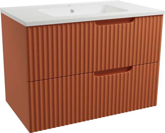Linie Ribbo meuble salle de bains suspendu 80 x 46 cm cotto avec Vano plan simple en marbre composite blanc mat, Nervure circulaire symétrique verticale