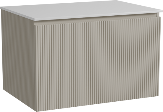 Storke Ribs zwevend badkamermeubel 75 x 52 cm zijdegrijs met Tavola enkel tablet in solid surface mat wit, Verticale symmetrische rechte ribbel