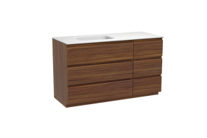 Balmani Lucida staand badkamermeubel 135 x 55 cm amerikaanse notelaar met Tablo Arcato asymmetrisch linkse wastafel in solid surface mat wit
