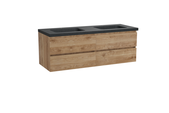 Balmani Lucida zwevend badkamermeubel 150 x 55 cm ruwe eik met Napoli dubbele wastafel in graniet zwart