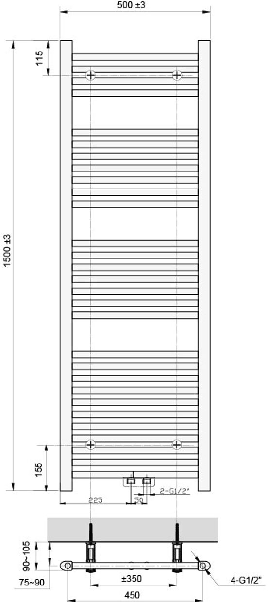 Vipera Kanza einzel Handtuchheizkörper 50 x 150 cm elektrische Heizung schwarz matt Seiten- und Mittelanschluss 679W, inkl. Widerstand, nicht für Deutschland geeignet