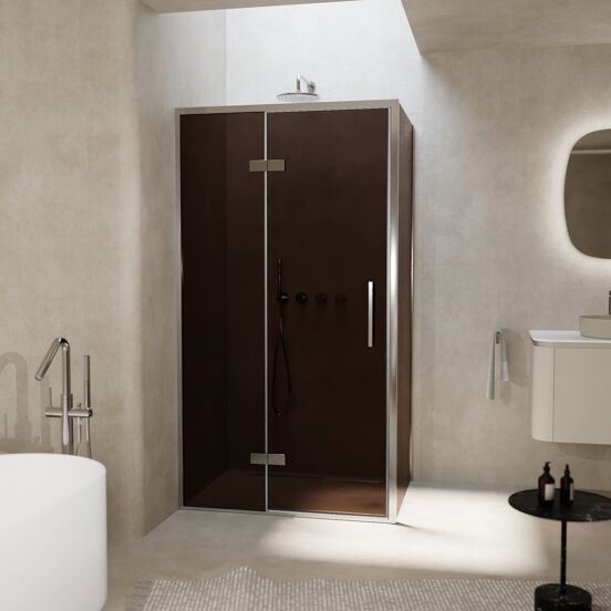 Balmani Senses Design douchehoek met linkse draaideur en vaste zijwand, 100 x 80 cm, Brons, Chroom profielen, met coating