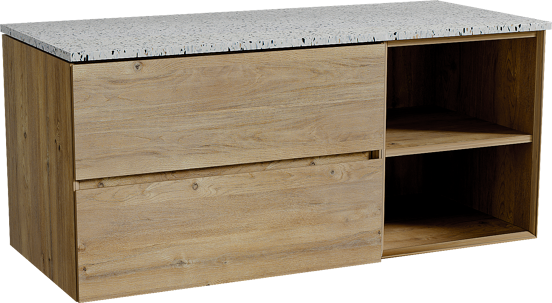 Storke Edge meuble salle de bains suspendu 120 x 52 cm chêne brut avec Tavola tablette simple ou double en blanc/noir mat terrazzo