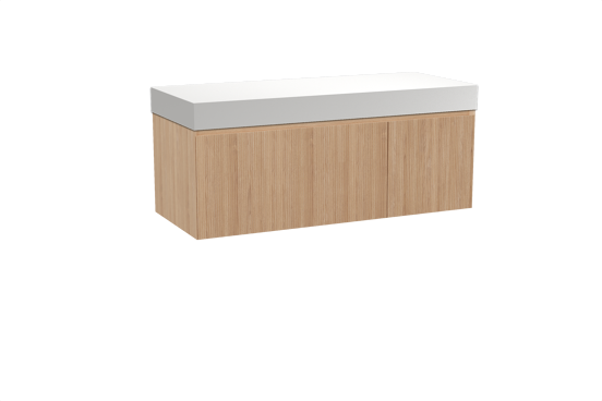 Balmani Fila hängendes Möbelstück Set: 135 x 55 cm, Naturbelassene Eiche, mit Dominus Einzel- oder Doppel Waschtischplatte, Solid Surface, Weiß matt, Vertikale symmetrische gerade Rippe