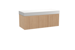 Balmani Fila hängendes Möbelstück Set: 135 x 55 cm, Naturbelassene Eiche, mit Dominus Einzel- oder Doppel Waschtischplatte, Solid Surface, Weiß matt, Vertikale symmetrische gerade Rippe