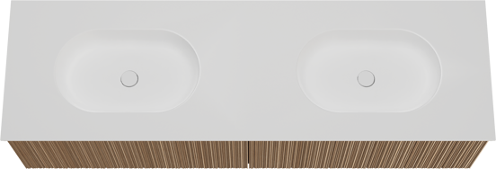 Balmani Forma zwevend badkamermeubel 180 x 55 cm natuur eik met Tablo Oval dubbele wastafel in solid surface mat wit, Verticale asymmetrische ronde ribbel