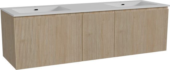 Storke Ribs meuble salle de bains suspendu 165 x 52 cm chêne brut avec Diva double vasque en marbre composite blanc brillant, Nervure droite symétrique verticale