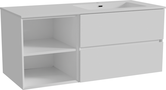 Storke Edge zwevend badmeubel 120 x 52 cm hoogglans wit met Diva asymmetrisch rechtse wastafel in composietmarmer hoogglans wit