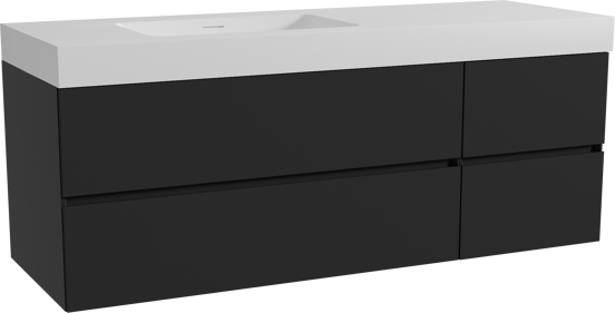 Storke Edge zwevend badmeubel 150 x 52 cm mat zwart met Mata High asymmetrisch linkse wastafel in solid surface mat wit