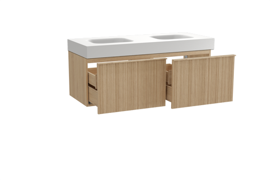 Balmani Forma zwevend badkamermeubel 135 x 55 cm natuur eik met Arcato dubbele wastafel in solid surface mat wit, Verticale asymmetrische ronde ribbel