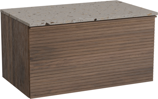 Balmani Forma hängendes Möbelstück Set: 90 x 55 cm, Amerikanischer Nussbaum, mit Stretto Einzel Waschtischplatte, Terrazzo in Greige, Horizontale symmetrische gerade Rippe