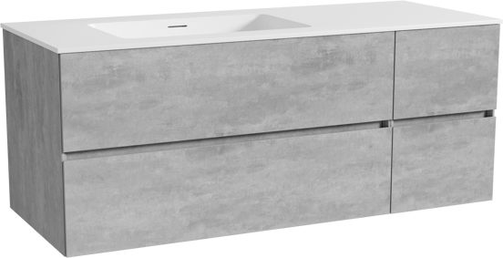 Storke Edge meuble salle de bains suspendu 130 x 52 cm béton gris foncé avec Mata plan vasque asymétrique à gauche en solid surface blanc mat