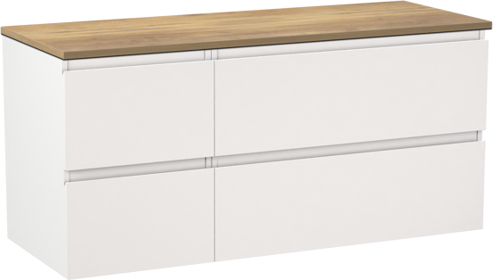 Linie Lado zwevend badmeubel 120 x 46 cm mat wit met Lado enkel of dubbel wastafelblad in melamine naturel eiken