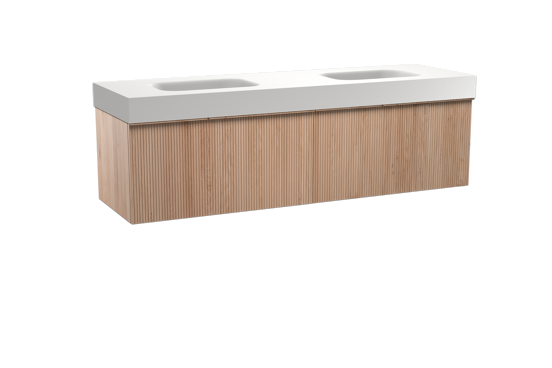 Balmani Forma zwevend badkamermeubel 180 x 55 cm natuur eik met Arcato dubbele wastafel in solid surface mat wit, Verticale symmetrische rechte ribbel