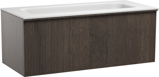 Balmani Forma hängendes Möbelstück Set: 120 x 55 cm, Geräucherte Eiche, mit Tablo Arcato Einzelwaschtisch für 2 Armaturenlöcher, Solid Surface, Weiß matt, Vertikale symmetrische gerade Rippe