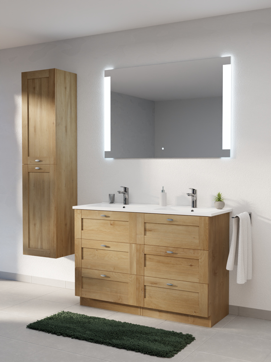 Linie Classo meuble salle de bains à poser 120 x 46 cm chêne naturel avec Vano double vasque en marbre composite blanc mat