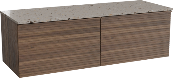 Balmani Forma hängendes Möbelstück Set: 150 x 55 cm, Amerikanischer Nussbaum, mit Stretto Einzel- oder Doppel Waschtischplatte, Terrazzo in Greige, Horizontale symmetrische gerade Rippe