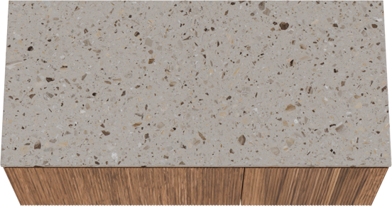 Balmani Fila hängendes Möbelstück Set: 120 x 55 cm, Nussbaum, mit Stretto Einzel- oder Doppel Waschtischplatte, Terrazzo in Greige, Vertikale symmetrische gerade Rippe
