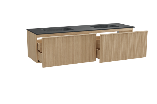 Balmani Forma zwevend badkamermeubel 180 x 55 cm natuur eik met Tablo Arcato dubbele wastafel in graniet zwart, Verticale asymmetrische ronde ribbel