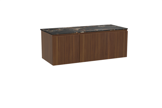 Balmani Sfera hängendes Möbelstück Set: 135 x 55 cm, Amerikanischer Nussbaum, mit Stretto Einzel- oder Doppel Waschtischplatte, Marmor Portoro Gold