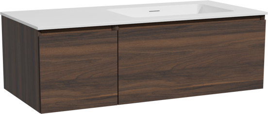 Storke Edge zwevend badkamermeubel 110 x 52 cm notelaar met Mata asymmetrisch rechtse wastafel in solid surface mat wit