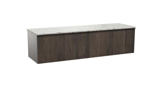 Balmani Forma hängendes Möbelstück Set: 180 x 55 cm, Geräucherte Eiche, mit Stretto Einzel- oder Doppel Waschtischplatte, Terrazzo in Weiß/Schwarz matt, Vertikale symmetrische gerade Rippe