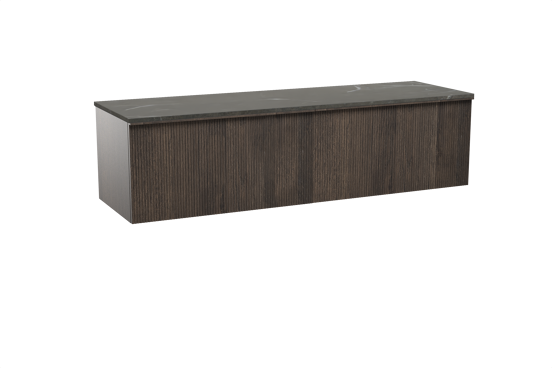 Balmani Forma zwevend badkamermeubel 180 x 55 cm gerookte eik met Stretto enkel of dubbel tablet in marmer pietra grey, Verticale symmetrische rechte ribbel