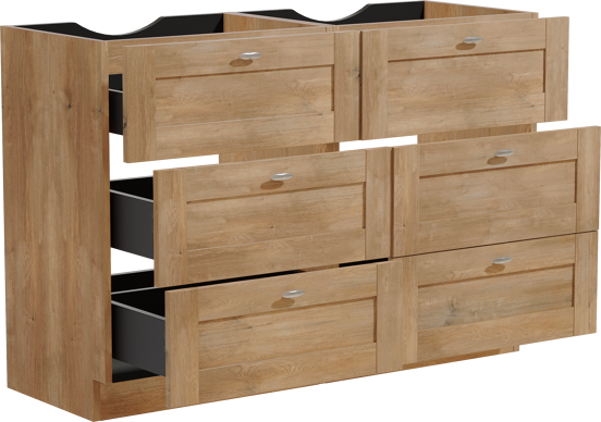 Linie Classo stehender Waschbeckenunterschrank: 120 x 46 cm, Eiche Natur 6 Schubladen 2 Siphonaussparungen