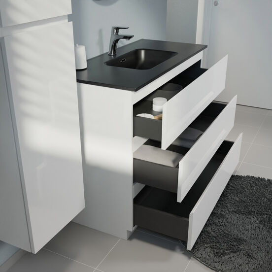 Linie Lado staand badkamermeubel 100 x 46 cm glanzend wit met Baro enkele wastafel in porselein mat zwart