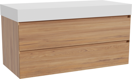 Balmani Mitra zwevend badkamermeubel 120 x 55 cm teak met Dominus enkel of dubbel tablet in solid surface mat wit