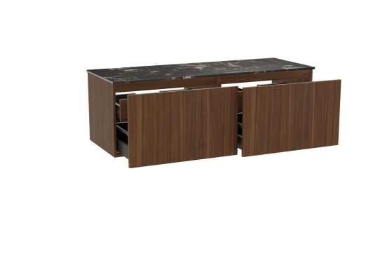 Balmani Sfera hängendes Möbelstück Set: 150 x 55 cm, Amerikanischer Nussbaum, mit Stretto Einzel- oder Doppel Waschtischplatte, Marmor Portoro Gold