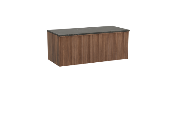 Balmani Forma zwevend badkamermeubel 120 x 55 cm amerikaanse notelaar met Stretto enkel of dubbel tablet in marmer pietra grey, Verticale asymmetrische ronde ribbel