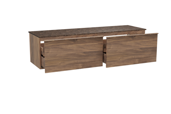 Balmani Forma hängendes Möbelstück Set: 180 x 55 cm, Amerikanischer Nussbaum, mit Stretto Einzel- oder Doppel Waschtischplatte, Marmor, Dark Emperador, Horizontale symmetrische gerade Rippe