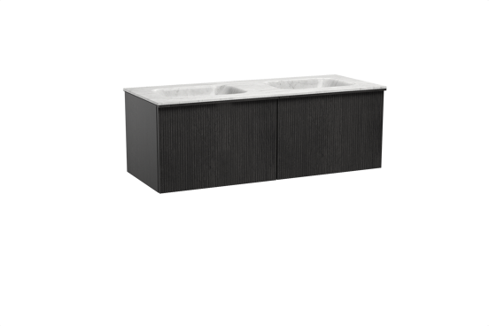 Balmani Forma hängendes Möbelstück Set: 135 x 55 cm, Schwarze Eiche, mit Tablo Arcato Doppelwaschtisch, Marmor, Carrara, Vertikale symmetrische gerade Rippe