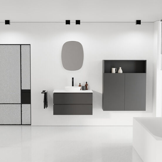 Balmani Mitra meuble salle de bains suspendu 90 x 55 cm noir mat avec Stretto tablette simple en solid surface blanc mat
