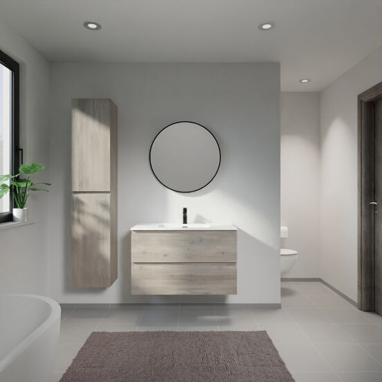 Linie Lado meuble salle de bains suspendu 90 x 46 cm chêne gris avec Baro plan simple en porcelaine blanc brillant