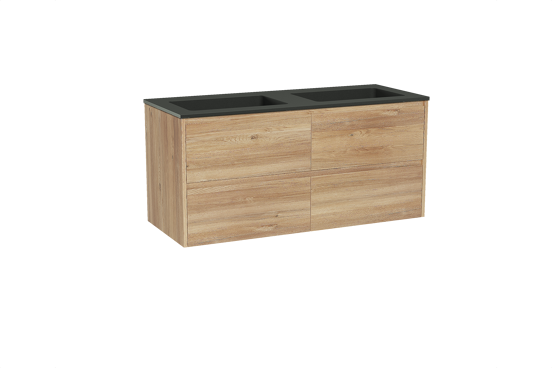 Storke Seda zwevend badmeubel 130 x 52 cm ruw eiken met Scuro dubbele wastafel in kwarts mat zwart