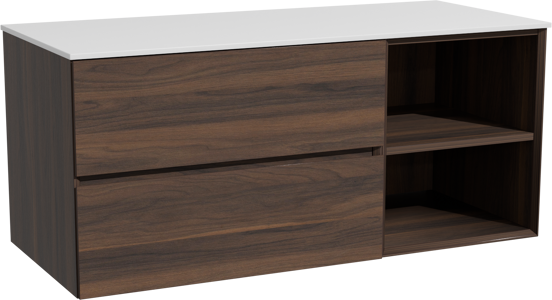 Storke Edge zwevend badkamermeubel 120 x 52 cm notelaar met Tavola enkel of dubbel tablet in solid surface mat wit