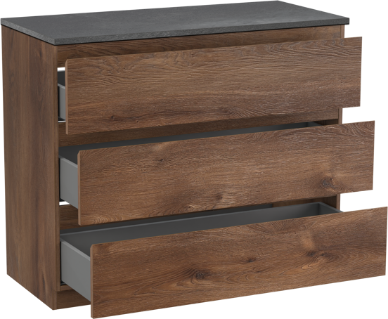 Linie Lado freistehendes Möbelstück Set: 100 x 46 cm, Braune Eiche, mit Lado Einzel- oder Doppel Waschtischplatte, Melamin Schiefergrau