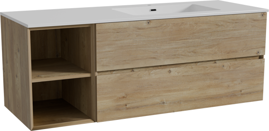 Storke Edge zwevend badmeubel 140 x 52 cm ruw eiken met Diva asymmetrisch rechtse wastafel in composietmarmer hoogglans wit