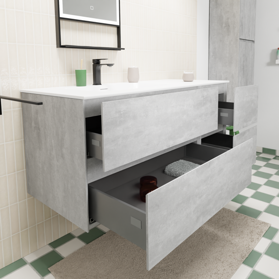Storke Edge zwevend badmeubel 120 x 52 cm beton donkergrijs met Mata asymmetrisch linkse wastafel in solid surface mat wit