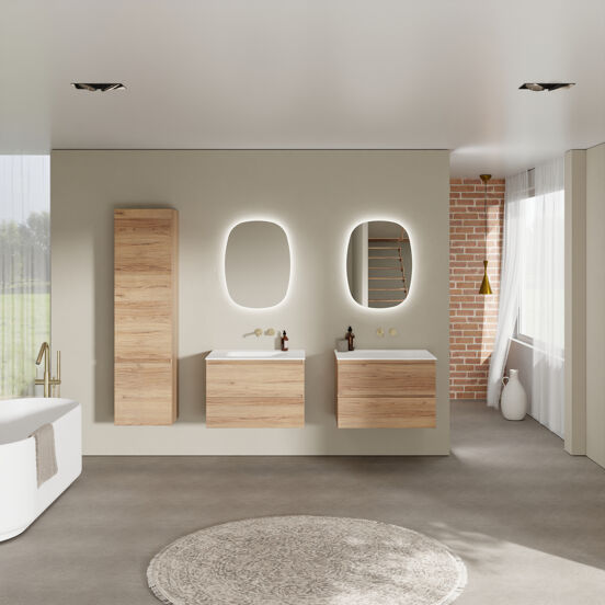 Balmani Lucida meuble salle de bains suspendu 75 x 55 cm teck avec Tablo Arcato plan simple en solid surface blanc mat