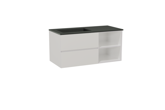 Storke Edge zwevend badmeubel 110 x 52 cm hoogglans wit met Scuro asymmetrisch linkse wastafel in kwarts mat zwart