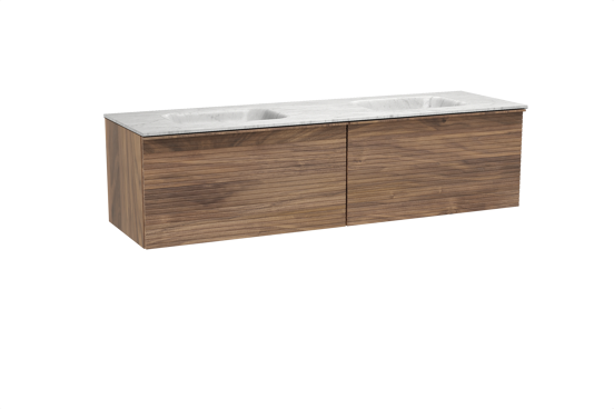 Balmani Forma zwevend badkamermeubel 180 x 55 cm amerikaanse notelaar met Tablo Arcato dubbele wastafel in marmer carrara, Horizontale symmetrische rechte ribbel