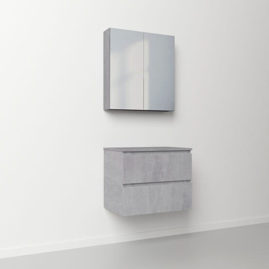 Linie Lado hängendes Möbelstück Set: 70 x 46 cm, Beton dunkelgrau, mit Lado Einzel Waschtischplatte im Melamin Beton dunkelgrau und Montro Spiegelschrank