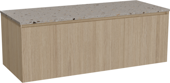 Balmani Fila zwevend badkamermeubel 135 x 55 cm natuur eik met Stretto enkel of dubbel tablet in terrazzo greige terrazzo, Verticale symmetrische rechte ribbel